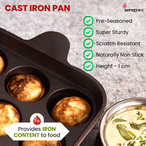 Aarogyam Cast Iron Appam/Kuzhi/Paniyaram/Appe Maker Tawa 9 Cavity Square Double Handle | Pre-Seasoned | Non-Toxic | Naturally Non-Sticky | Gas Compatible | No Chemical Coating