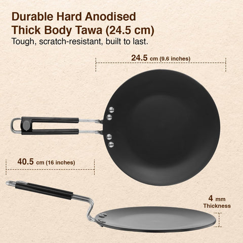 Prestige Hard Anodised Chapati Tawa 24.5 cm | Extra Thick Base (4.88 mm) | Gas & Induction Compatible | Metal Spoon Friendly | Stay Cool Handle | Wide Base | 2Y Warranty | ISI