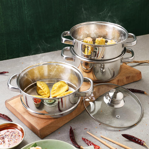 Vinod Stainless Steel 3-Tier Steamer with Glass Lid, 18 cm | Multi-Purpose Steamer for Momos, Modaks, Vegetables & More | Riveted Handles | Induction & Gas Base | 2 Yr Warranty
