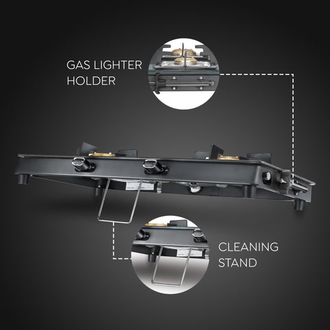 Prestige Vectra 2 Burner Glasstop Open Gas Stove|Superior Toughened Glass|Jumbo Brass Burner|3-Way Gas Inlet|360 Degree Revolving Nozzle|10 Years Warranty On Glass|Black