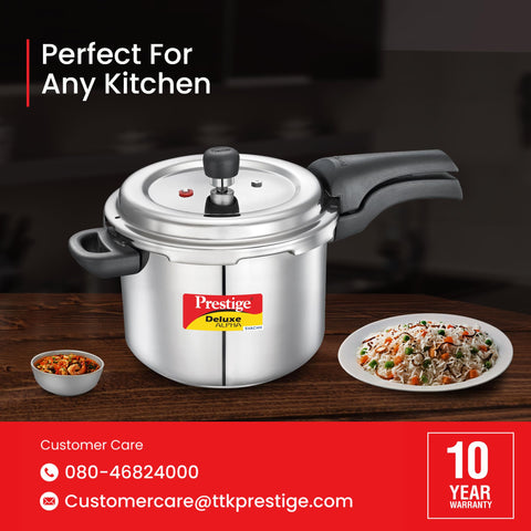 Prestige 4 Litre Stainless Steel Deluxe Alpha Svachh Outerlid Pressure Cooker |Deep lid for spillage control|10 years warranty|Gas & Induction compatible|Gasket release system|ISI Certified