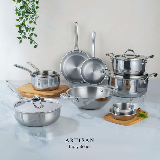 Stahl Triply Stainless Steel Sauce Pot with Lid I Stainless Steel Belly Casserole | Tri Ply Biryani Pot with Induction Base | Artisan 4178, Dia 18 cm, 2.4 L (Serves 3 People)