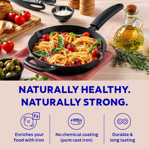TRAMONTINA Titanex 22cm Cast Iron Fry Pan – Pre-Seasoned Skillet with Pour Spouts | Saute, Stir-Fry, Deep Fry, Sear & Bake | Gas & Induction Compatible | Natural Stone Finish.