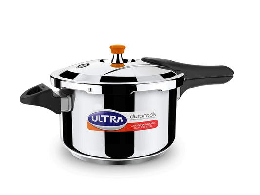 Ultra Duracook Pressure Cooker 5.5 Litre | AISI 304 Food-Grade Stainless Steel Cooker with 10 Years Warranty | High-Impact 3-Layer Composite Base | Froth Collector | Bakelite Handle