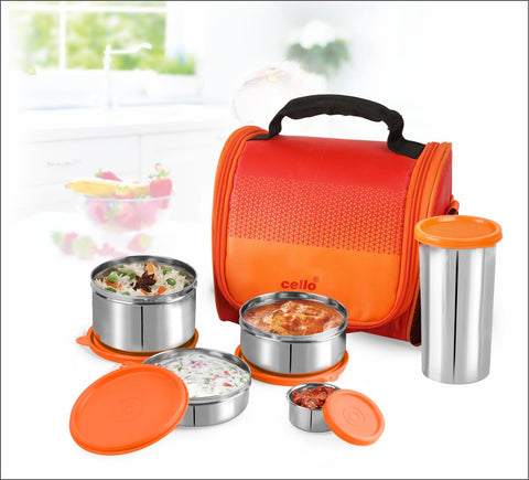 CELLO MF Matiz Lunch Box, 4 Unit, Orange | Stainless Steel Lunch Box with Plastic Lid | Lunch Box with Jacket and Handle | Ideal for Office