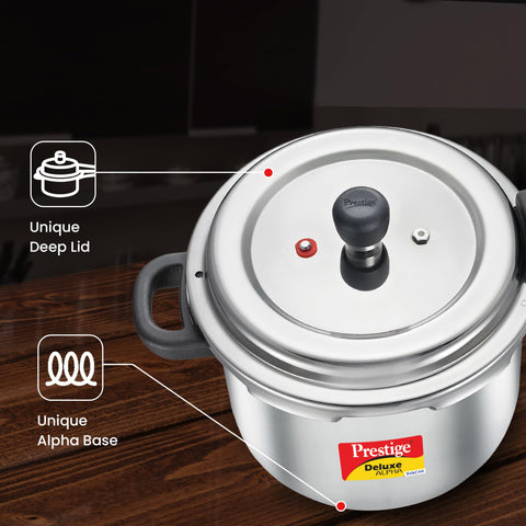 Prestige 4 Litre Stainless Steel Deluxe Alpha Svachh Outerlid Pressure Cooker |Deep lid for spillage control|10 years warranty|Gas & Induction compatible|Gasket release system|ISI Certified