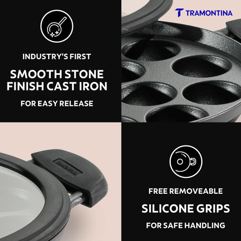 TRAMONTINA Titanex 26 cm Pre-Seasoned Cast Iron Paniyaram/Appe Pan – 12 Pits | Non-Toxic | Induction Ready | Toughned Glass Lid | Snap-on Cool Touch Grips | Superior Heat Retention.