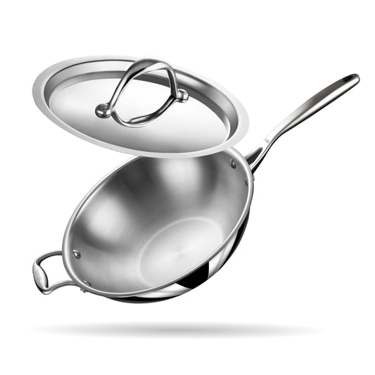 Stahl Artisan Triply Stainless Steel Wok with Lid, 3.3 L, 26 cm, Deep Frypan Induction Base, Stir Fry Wok, Induction & Gas Stove Compatible
