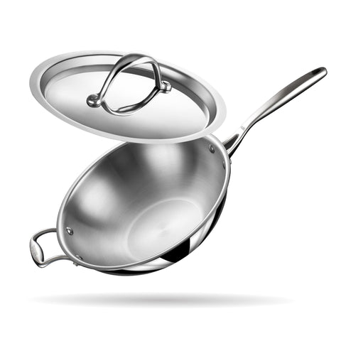 Stahl Artisan Triply Stainless Steel Wok with Lid, 3.3 L, 26 cm, Deep Frypan Induction Base, Stir Fry Wok, Induction & Gas Stove Compatible