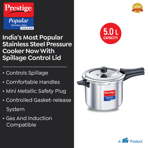 Prestige 5 Litre Stainless Steel Popular Svachh Outerlid Pressure Cooker | Deep lid for spillage control|Gas & Induction Compatible|Controlled Gasket Release System|5 Years warranty|ISI Certified