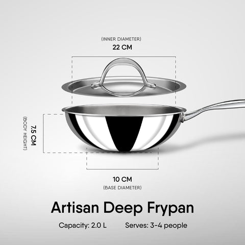 Stahl Triply Stainless Steel Wok with Lid I Tri Ply Deep Steel Kadai I Deep Fry Pan with Induction Base I Artisan 4722, Dia 22cm, 2 L (Serves 6 People)