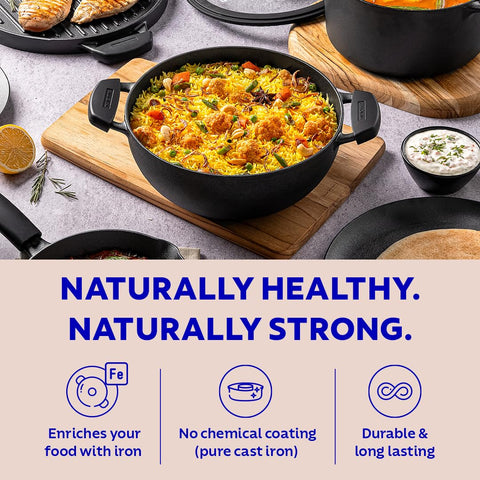 TRAMONTINA TITANEX 30cm/6.8L Pre-Seasoned Heritage Cast Iron Deep Kadai with Toughened Glass Lid | Snap-On Silicone Grips | Kadhai for Curry | Gas/Induction Cookware | Life-Time Warranty