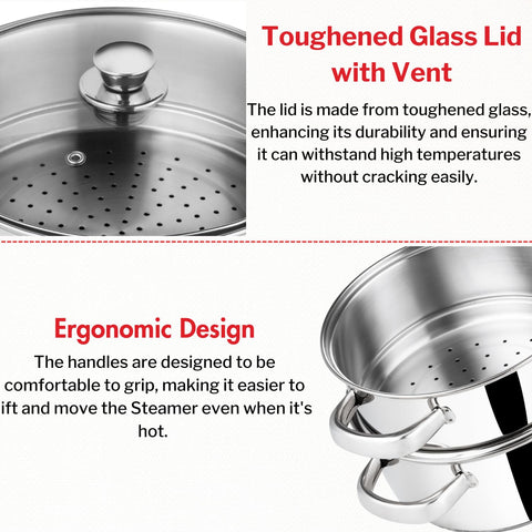 Vinod Stainless Steel 2-Tier Steamer with Glass Lid, 20 cm | 2.5 mm Thick Base | Steamer for Momos, Modaks, Vegetables & More | Riveted Handles | Induction & Gas Base | 2 Yr Warranty