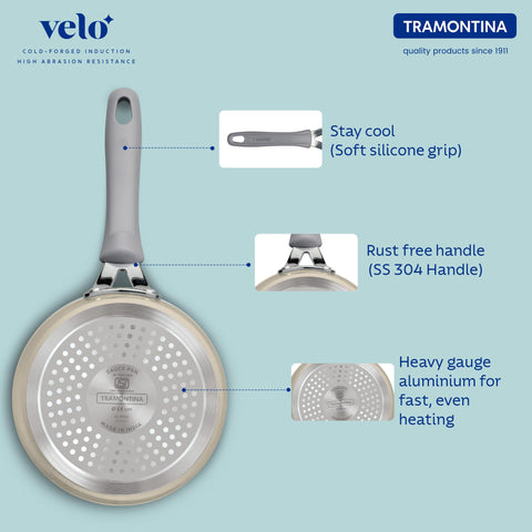 Tramontina Velo 16cm/1.9L Forged with Ceramic Reinforced Interior Sauce Pan with GlassLid | Milk Boiling Pot/Pan |Tea Pan/Pot | Gas/Induction | Silicone Grip Handles | Cook & Serve | Sand Beige