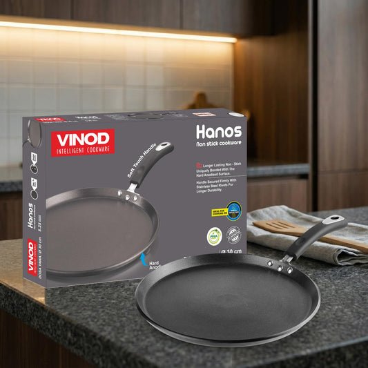 Vinod Hanos Hard Anodised Non Stick Dosa Tawa 30 cm | 5.25 mm Thick Base | 5X Longer Lasting Than Ordinary Non-Stick | Metal Spoon Safe | Induction & Gas Compatible | Soft Touch Handle | PFOA Free