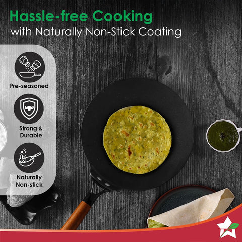 Wonderchef Ferro Light-Weight Cast-Iron Roti Tawa | 26cm | Pre-Seasoned with 100% Vegetable Oil | 40% Lighter Than Regular Cast-Iron Cookware | Cool-Touch Real Acacia Wood Handles | 10-Year Warranty