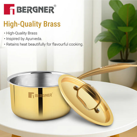 Bergner Peetlam Saucepan with Lid 16cm (1.6L), Traditional Brass Saucepan with Tin (Kalai) Coated, Healthy Cooking, Ergonomic PVD Gold Handle with Comfortable Grip, Durable - Gas Stove Compatible