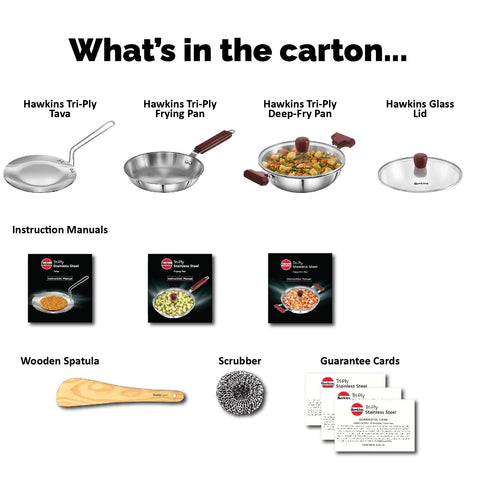 Triniti Triply SS Cookware 3pcs Set – Frying Pan, Tava & Deep-Fry Pan with Glass Lid, Induction Bottom