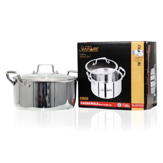 Elantra Triply Series Cookware Casserole (24cm) with Glass Lid, Cook and Serve Casserole (2000 ml)