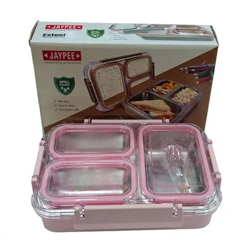 JAYPEE Stainless Steel Inner Exteel Insulated Three Cavity Lunch Box, Lunch Box Suitable for School, Offices and picnics, Microwave Safe Pink, 600 ml (Green)