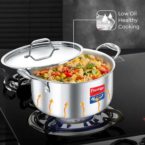 Prestige 20cm/3.2L Tri-Ply Stainless Steel Splendid Casserole| Gas and Induction Compatible |Even Heat Distribution| Thick Gauge Tri-Ply Body| Perma Cool Handles| 15 Year Warranty