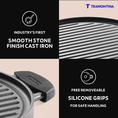 TRAMONTINA TITANEX 30cm Reversible Cast Iron Grill Pan/Tawa | Pre-Seasoned 2-in-1 Pan for Dosa, Roti, Pancakes, Grilling & Searing | Gas & Induction Compatible | Cool Touch Grips.