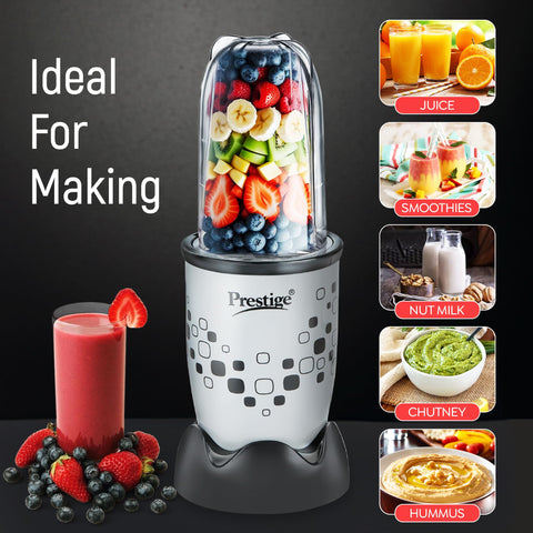 Prestige Nutri-Mix 2.0, 350W Mixer Grinder with 2 Multipurpose Jars | Compact Design | Dual Safety Interlock System | Extra Lids for Storage | Black & Grey