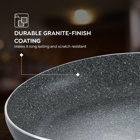 Prestige Omega Deluxe Granite Alpha 3Piece BYK Non-Stick Cookware Set| Kadai 24cm with Glass Lid, Omni Tawa 28cm & Fry Pan 24cm| Gas & Induction Compatible| 5 Layer Non-Stick Coating|Black