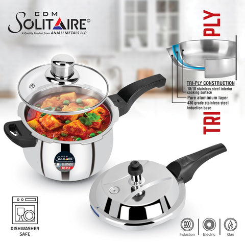 CDM Solitaire Celebration Combo Try-Ply Belly 1.5,3 & 5 Ltr. Pressure Cooker Stainless Steel Outer Lid with Extra 3 Glass Lid, Induction and Gas Base, ISI Certified, 5 Years Warranty