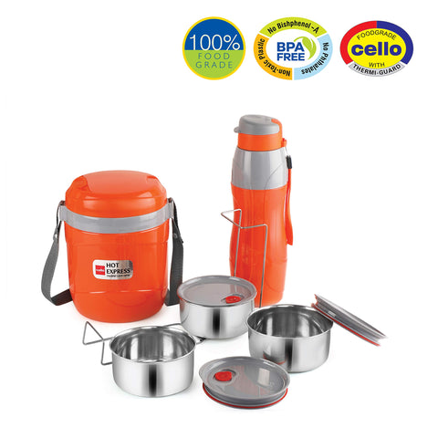 CELLO Lunch Express, Insulated Plastic Tiffin and Water Bottle- Orange | CELLO Lunch Express Insulated Tiffin and Water Bottle, Orange (Plastic) | Stainless Steel Tiffin 3 Units | Hot and Cold Water Bottle | Ideal for Office, Travel