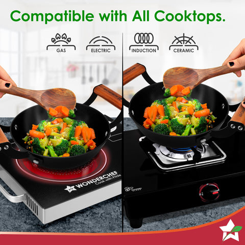 Wonderchef Ferro Light-Weight Cast-Iron Kadhai, 18cm, 40% Lighter, Pre-Seasoned with 100% Vegetable Oil, Non-Toxic, Chemical-Free, Induction-Friendly, Long Cool-Touch Wood Handles, 10-Yr Warranty