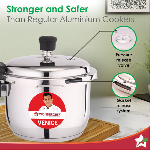 Wonderchef Venice Stainless-steel Pressure Cooker| 3L|Outer Lid|Triply Bottom |Safe Cooking |Compatible with Gas Stove, Induction, Ceramic, and Electric Stoves | ISI Certified |5-Year Warranty, Silver