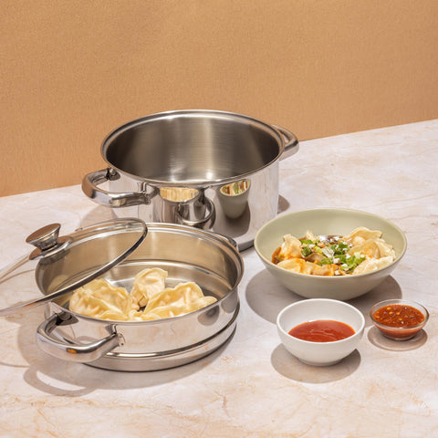 Vinod Stainless Steel 2 Tier Steamer with Glass Lid 24 cm | Multi-Purpose Modak & Momo Maker | Induction & Gas Stove Compatible | 2 Year Warranty – Silver
