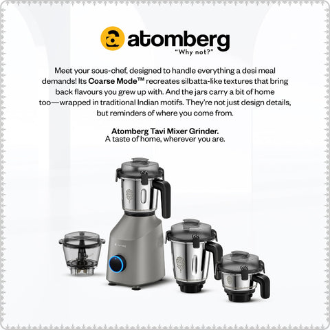 Atomberg Tavi Mixer Grinder 110V | Unique Coarse Mode for Silbatta-Like Texture | Intelligent 600W Motor | 4 Jars Including Chopper Jar | Hands-Free Operation (Matte Sand Grey)