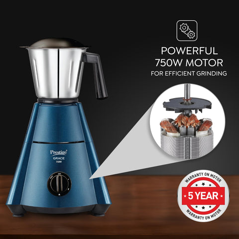 Prestige Grace 750W 4 Jars Mixer Grinder with 3 Stainless Steel Jars & 1 Juice Extracter Jar With Sieve|4 Super Efficient Blades|Sturdy Handles|Dome Shaped Lid|Blue & Black