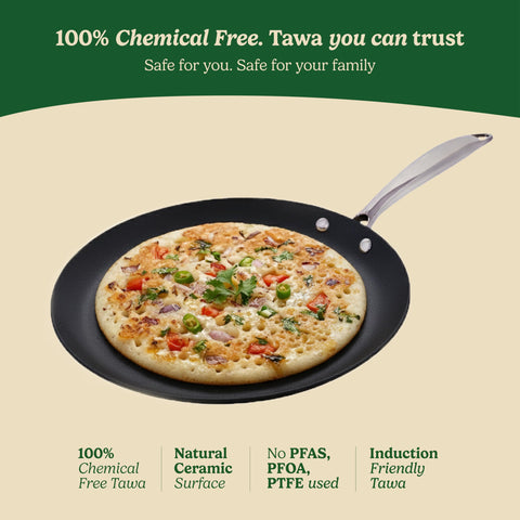 Zira Triply Ceramic Dosa Tawa 30cm | 100% Chemical Free Ceramic Surface, Premium Triply Base | Smooth Stick-Free Surface | Minimal Oil Usage | Fast Even Heating | Induction Use | ISI | 5 Year Warranty