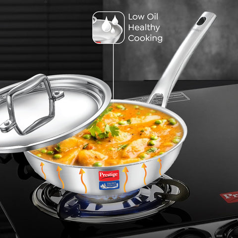 Prestige 20cm/1.0L Tri-Ply Stainless Steel Splendid Fry Pan with Lid|Gas and Induction Compatible|Even Heat Distribution| Thick Gauge Tri-Ply Body|15 Year Warranty
