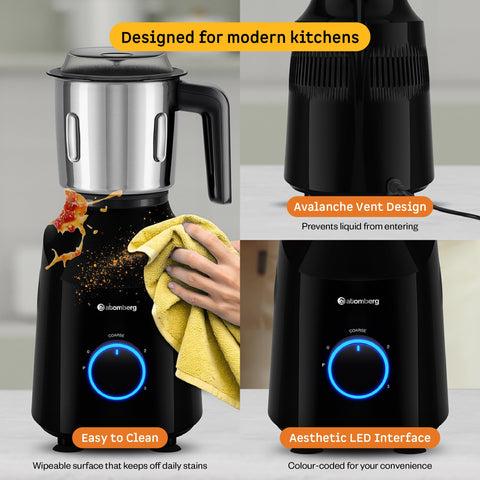 Atomberg Yulia 750 Watt Mixer Grinder | 4 Multipurpose Jars including Chopper Jar | Coarse Mode for Silbatta-like Textures | Powerful Intelligent Motor | Advanced Safety Features | Gloss Black