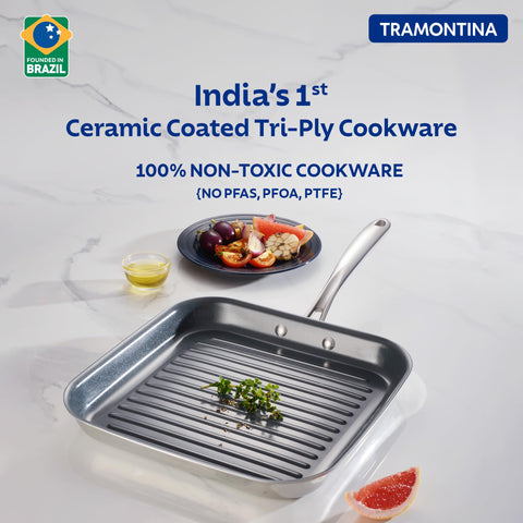 Tramontina FUSAO EX+ 26cm Triply Stainless Steel Ceramic Coated Grill Pan | Pan for Grilling, Searing, Barbeque | Tandoori Pan/Grill | Gas/Induction Cookware | Stay Cool Handle | 10 Year Warranty*