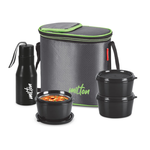 MILTON Arista Lunch Box (3 Microwave Safe Inner Steel Containers, 320 ml Each; 1 Stainless Steel Bottle, 475 ml) with Insulated Fabric Jacket, Grey
