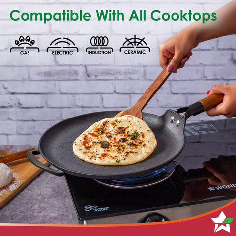 Wonderchef Ferro Light-Weight Cast-Iron Dosa Tawa | 30cm | Pre-Seasoned with 100% Vegetable Oil | 40% Lighter Than Regular Cast-Iron Cookware | Cool-Touch Real Acacia Wood Handles | 10-Year Warranty