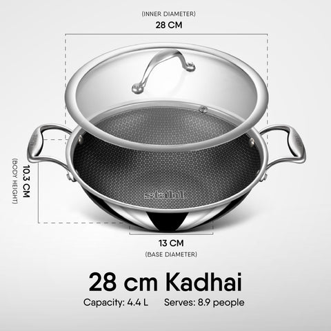 Stahl Artisan Hybrid Triply Non Stick Kadai with Lid 4.4 L, 28 cm, Stainless Steel Kadai for Cooking, Triply Kadhai Metal Spatula Friendly, Induction & Gas Stove Compatible