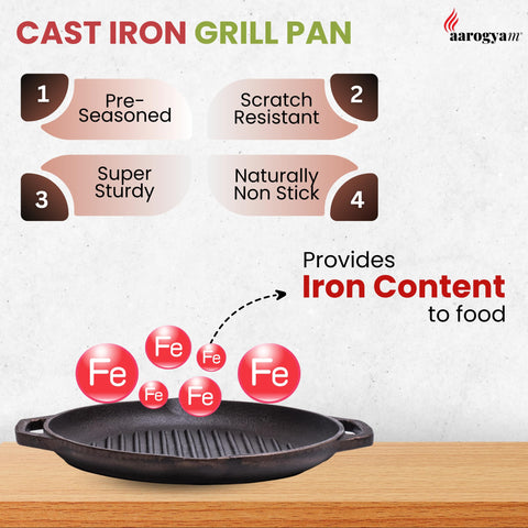 Aarogyam Cast Iron Grill Pan – 10-inch (25 cms) | Round| Short Double Handle | Pre-Seasoned | Gas & Induction Compatible | Non-Toxic | Naturally Non-Stick | Oven Safe (2.2 Kgs)