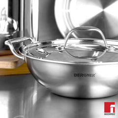 BERGNER Argent Triply 36cm Kadai with Stainless Steel Lid, Large Kadhai, Even and Faster Heating, Consumes Less Oil, Healthy Cooking, Stay Cool Cast Handles - Induction and Gas Stove Ready