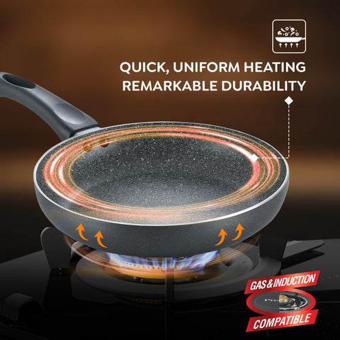 Prestige Omega Deluxe Granite Alpha 3Piece BYK Non-Stick Cookware Set| Kadai 24cm with Glass Lid, Omni Tawa 28cm & Fry Pan 24cm| Gas & Induction Compatible| 5 Layer Non-Stick Coating|Black