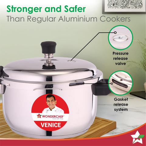 Wonderchef Venice Stainless-steel Pressure Cooker | 5L | Outer Lid | Triply Bottom | Safe Cooking | Compatible with Gas Stove, Induction, Ceramic, and Electric Stoves | ISI Certified | 5-Year Warranty