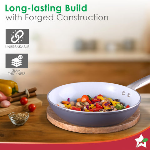 Wonderchef Eco-Glide Fry Pan | | Chemical-Free Ceramic Coating | 24cm, 1.8L | Healthy, Low Oil Meals | Scratch-Resistant | Stainless-Steel Handle | Gas & Induction Compatible | Grey | Easy to Clean