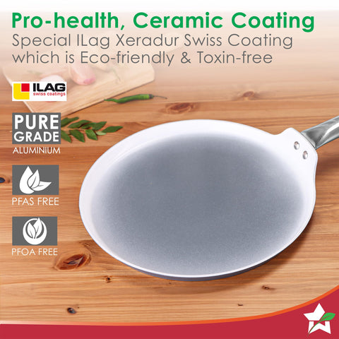Wonderchef Eco-Glide Dosa Tawa | Chemical-Free Ceramic Coating | 28cm | Healthy, Low Oil Meals | Scratch-Resistant | Stainless-Steel Handle | Gas & Induction Compatible | Grey | Easy to Clean
