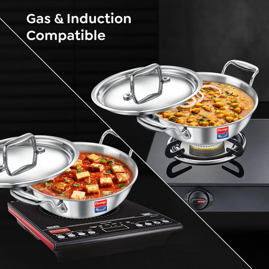 Prestige 20cm/1.6L Tri-Ply Stainless Steel Splendid Kadai with Lid|Gas and Induction Compatible|Even Heat Distribution| Thick Gauge Tri-Ply Body| Perma Cool Handles|15 Year Warranty
