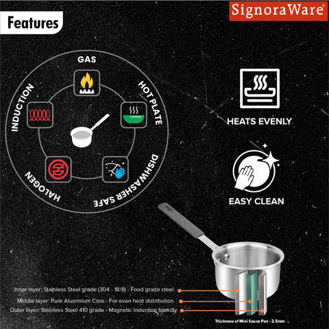 SignoraWare Artista Tri-Ply Stainless Steel Mini Saucepan 10cm | Microwave Safe | Save Energy & Time | Easy to Clean | Heating Milk & Coffee | Ideal for Small batch of Pasta, Noodles & Oats (500ml)